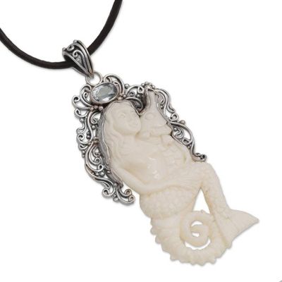 Alternate image for Blue Topaz Bone and 925 Silver Mermaid Pendant Necklace Seahorse Mother