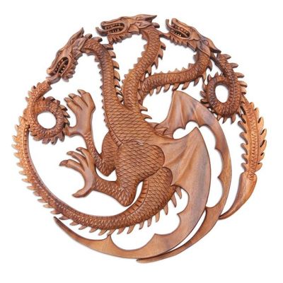 Alternate image for Handmade Suar Wood Dragon-Motif Relief Panel King Ghidorah