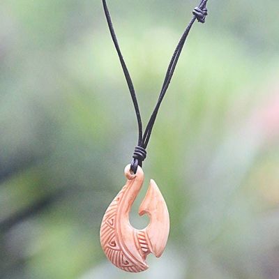 Primary image for Black Bone Unisex Hand Carved Bone Necklace Antique Fish Hook