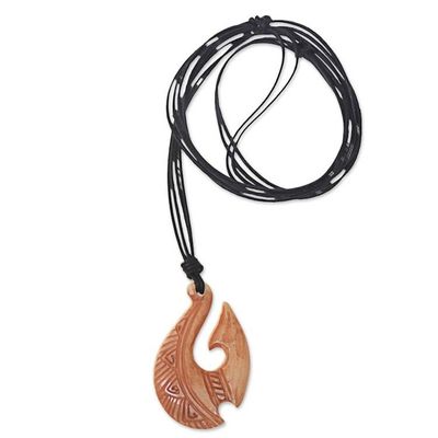 Alternate image for Black Bone Unisex Hand Carved Bone Necklace Antique Fish Hook