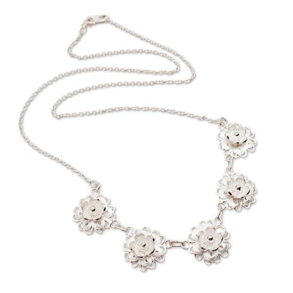 Alternate image for Floral Filigree Matte-Finished Silver Pendant Necklace Delphinium Delight