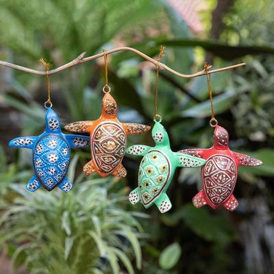 Primary image for Set of 4 Painted Colorful Jempinis Wood Turtle Ornaments Festive Shells