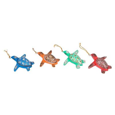 Alternate image for Set of 4 Painted Colorful Jempinis Wood Turtle Ornaments Festive Shells