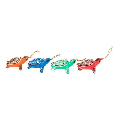 Alternate image for Set of 4 Painted Colorful Jempinis Wood Turtle Ornaments Festive Shells