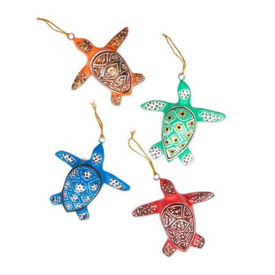 Alternate image for Set of 4 Painted Colorful Jempinis Wood Turtle Ornaments Festive Shells