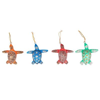 Alternate image for Set of 4 Painted Colorful Jempinis Wood Turtle Ornaments Festive Shells