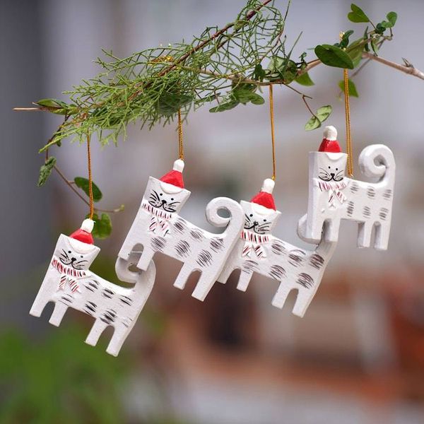 Alternate image for Set of 4 Hand-Painted Wood Cat Christmas Ornaments from Bali Christmas Kitten