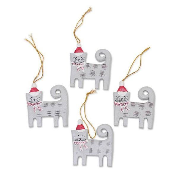 Alternate image for Set of 4 Hand-Painted Wood Cat Christmas Ornaments from Bali Christmas Kitten