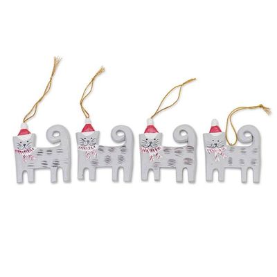 Alternate image for Set of 4 Hand-Painted Wood Cat Christmas Ornaments from Bali Christmas Kitten