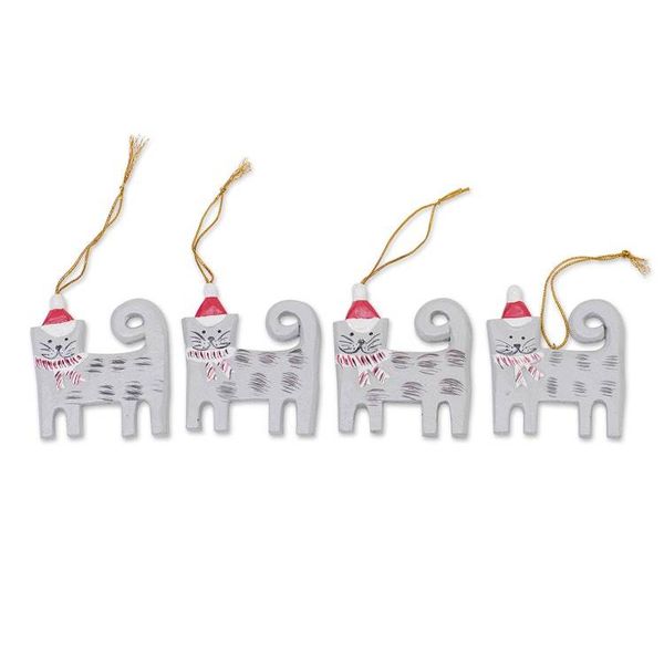 Alternate image for Set of 4 Hand-Painted Wood Cat Christmas Ornaments from Bali Christmas Kitten