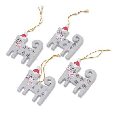 Alternate image for Set of 4 Hand-Painted Wood Cat Christmas Ornaments from Bali Christmas Kitten