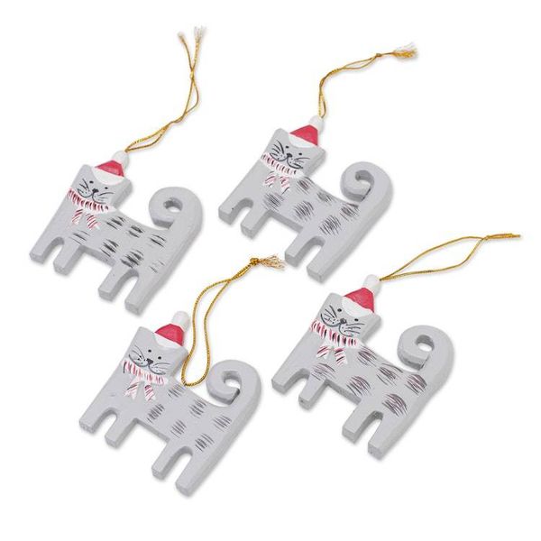 Alternate image for Set of 4 Hand-Painted Wood Cat Christmas Ornaments from Bali Christmas Kitten