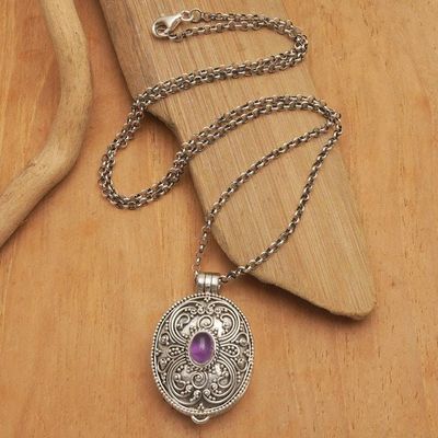 Primary image for Oxidized Sterling Silver Locket Necklace with Amethyst Stone Spring Vibes