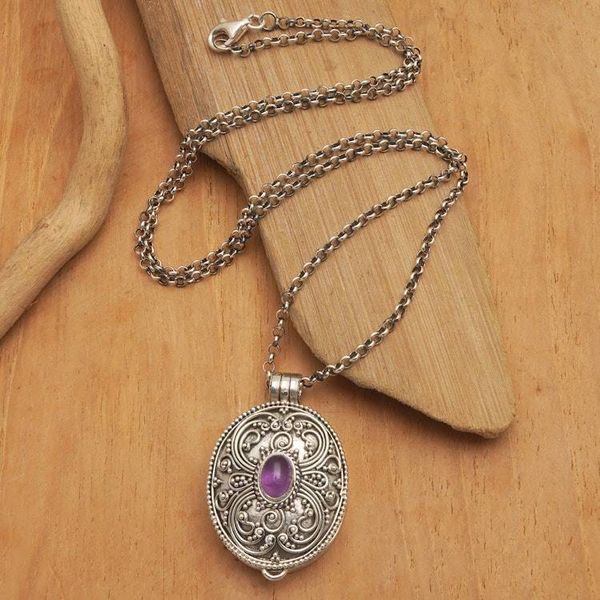 Alternate image for Oxidized Sterling Silver Locket Necklace with Amethyst Stone Spring Vibes