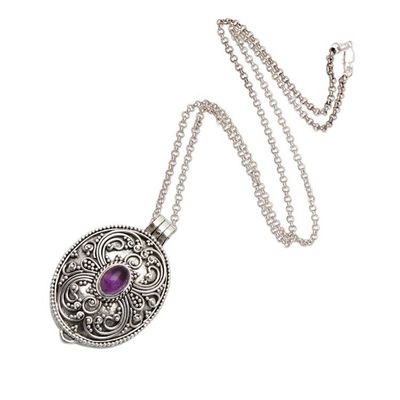 Alternate image for Oxidized Sterling Silver Locket Necklace with Amethyst Stone Spring Vibes