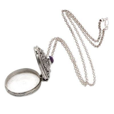 Alternate image for Oxidized Sterling Silver Locket Necklace with Amethyst Stone Spring Vibes