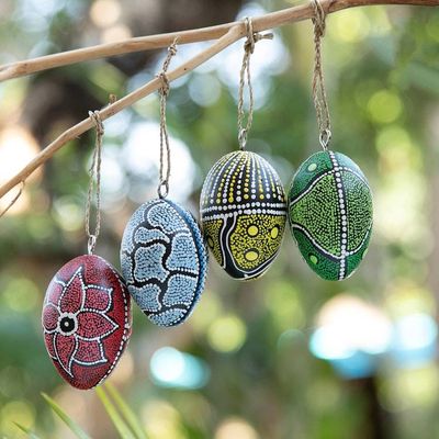 Primary image for Set of 4 Oval Wood Ornaments Hand-Carved and Painted in Bali Colors of the Earth