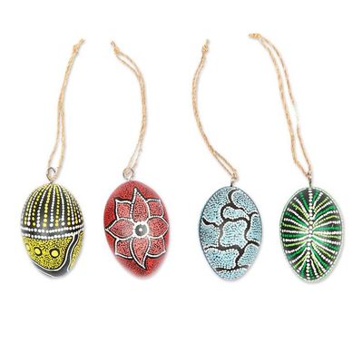 Alternate image for Set of 4 Oval Wood Ornaments Hand-Carved and Painted in Bali Colors of the Earth