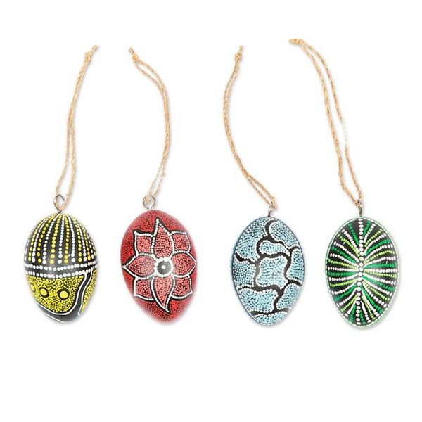 Alternate image for Set of 4 Oval Wood Ornaments Hand-Carved and Painted in Bali Colors of the Earth