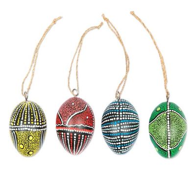 Alternate image for Set of 4 Oval Wood Ornaments Hand-Carved and Painted in Bali Colors of the Earth