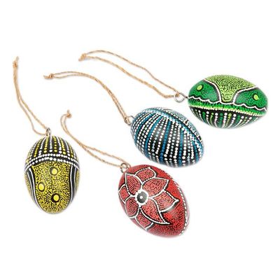Alternate image for Set of 4 Oval Wood Ornaments Hand-Carved and Painted in Bali Colors of the Earth