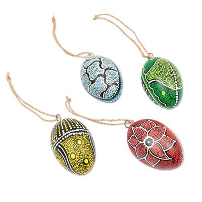 Alternate image for Set of 4 Oval Wood Ornaments Hand-Carved and Painted in Bali Colors of the Earth