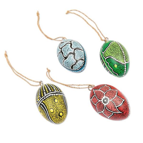 Alternate image for Set of 4 Oval Wood Ornaments Hand-Carved and Painted in Bali Colors of the Earth