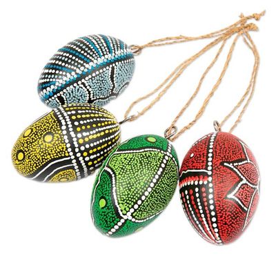 Alternate image for Set of 4 Oval Wood Ornaments Hand-Carved and Painted in Bali Colors of the Earth