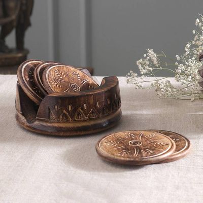 Alternate image for Rustic-Inspired 7-Piece Burnt Mango Wood Coaster and Box Set Rustic Majesty