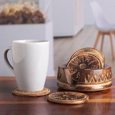 Alternate image for Rustic-Inspired 7-Piece Burnt Mango Wood Coaster and Box Set Rustic Majesty