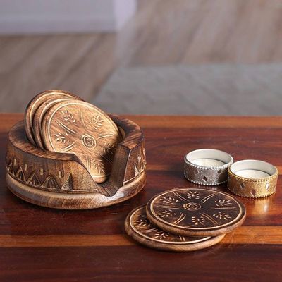 Alternate image for Rustic-Inspired 7-Piece Burnt Mango Wood Coaster and Box Set Rustic Majesty