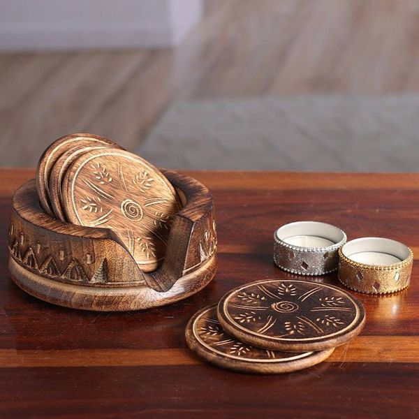 Alternate image for Rustic-Inspired 7-Piece Burnt Mango Wood Coaster and Box Set Rustic Majesty