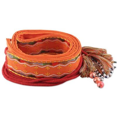 Alternate image for Rayon Embroidered Orange and Red Cotton Belt with Tassels Tangerine Tassels
