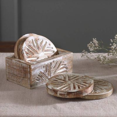 Alternate image for Distressed-Finished 5-Piece Mango Wood Coaster and Box Set Rays of Tradition