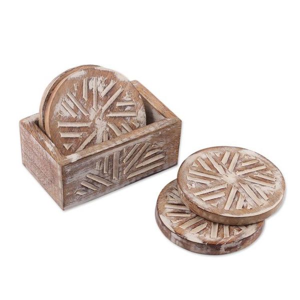 Alternate image for Distressed-Finished 5-Piece Mango Wood Coaster and Box Set Rays of Tradition