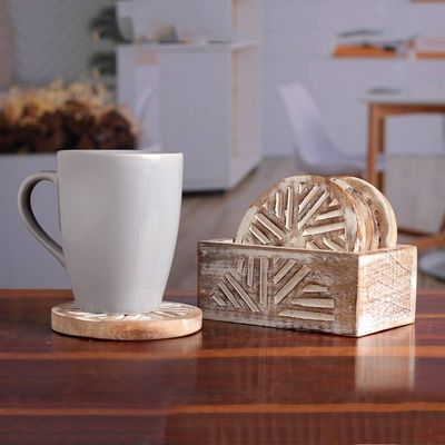 Alternate image for Distressed-Finished 5-Piece Mango Wood Coaster and Box Set Rays of Tradition