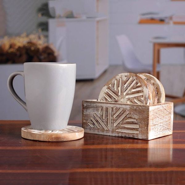 Alternate image for Distressed-Finished 5-Piece Mango Wood Coaster and Box Set Rays of Tradition