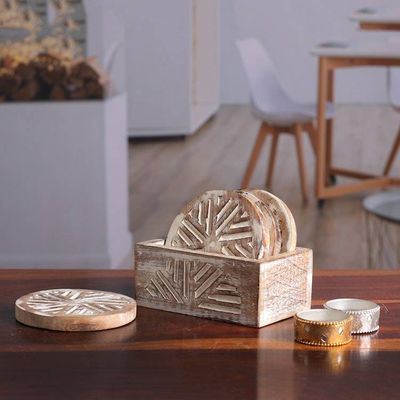 Alternate image for Distressed-Finished 5-Piece Mango Wood Coaster and Box Set Rays of Tradition