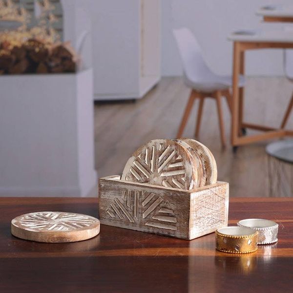 Alternate image for Distressed-Finished 5-Piece Mango Wood Coaster and Box Set Rays of Tradition