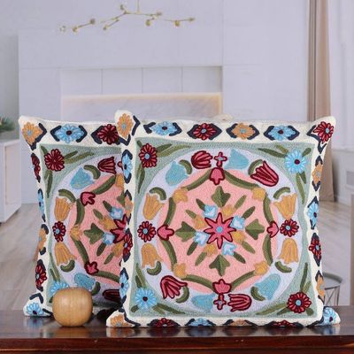 Alternate image for Embroidered Floral Multicolor Cotton Cushion Cover Pair Dream of Blooms