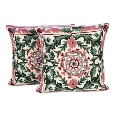 Alternate image for Baroque-Inspired Green and Pink Cotton Cushion Cover Pair Baroque in Rose