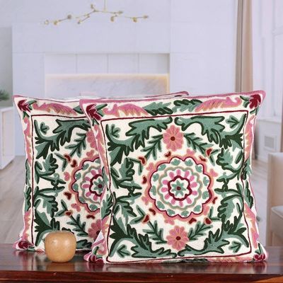 Alternate image for Baroque-Inspired Green and Pink Cotton Cushion Cover Pair Baroque in Rose