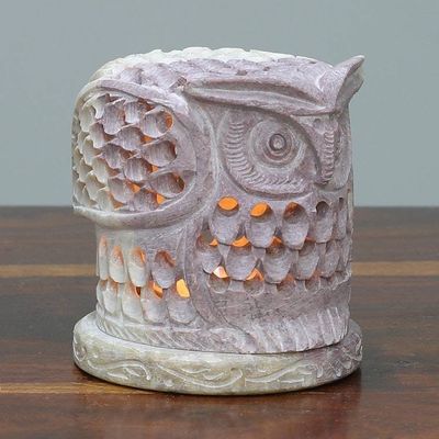 Alternate image for Hand Carved Soapstone Owl Tealight Candle Holder Up Owl Night