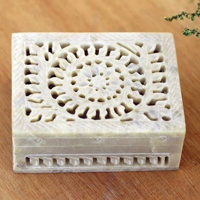 Primary image for Hand Carved Decorative Soapstone Floral Box Leaf and Vine