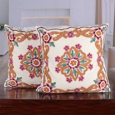 Alternate image for Indian-Made Floral Embroidered Cotton Cushion Cover Pair Sweet Classic