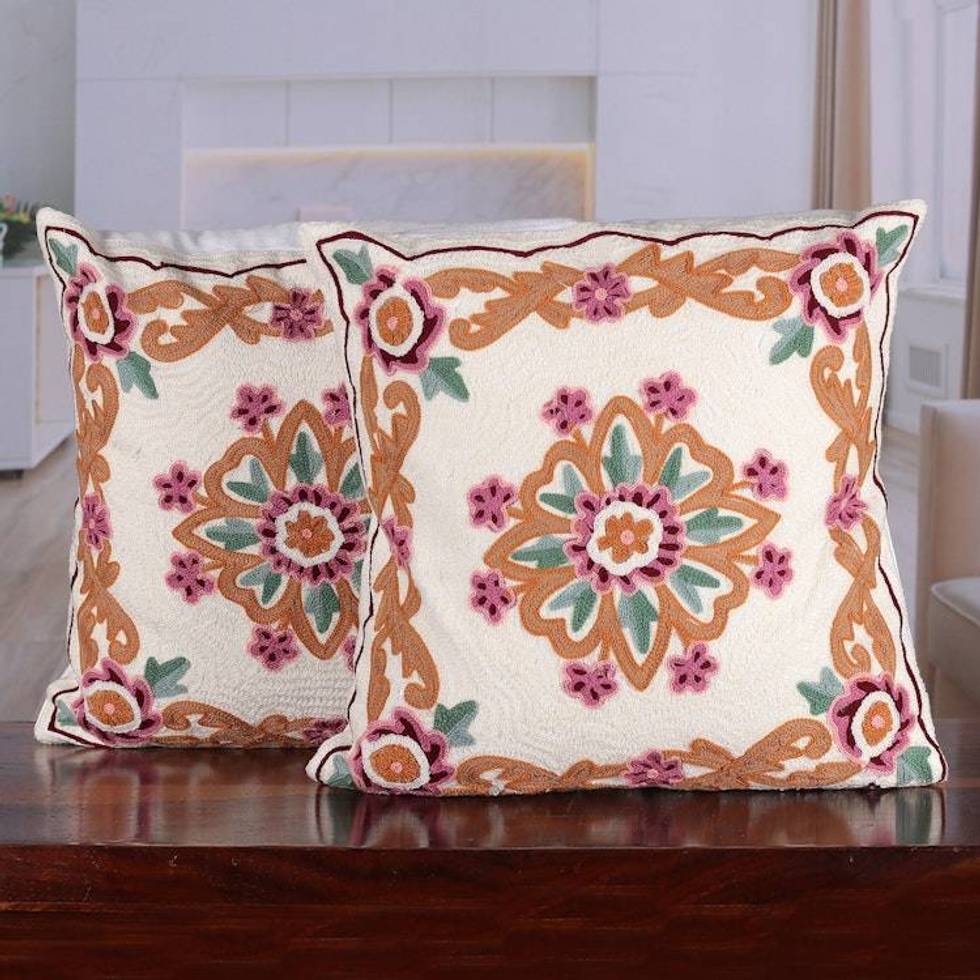 Indian-Made Floral Embroidered Cotton Cushion Cover Pair 'Sweet Classic'