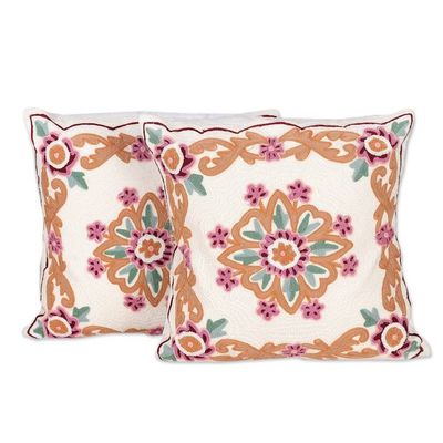 Alternate image for Indian-Made Floral Embroidered Cotton Cushion Cover Pair Sweet Classic