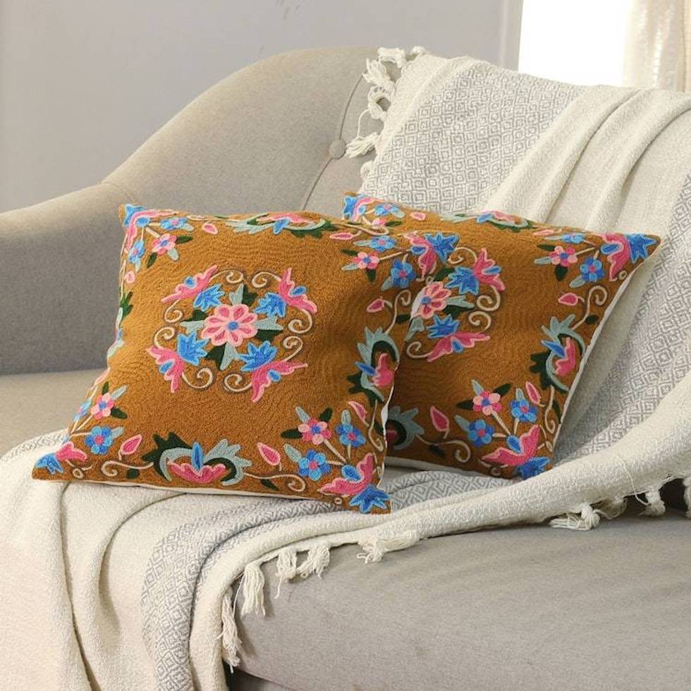 Classic Floral Brown and Pink Cotton Cushion Cover Pair 'Gentle Bouquet'