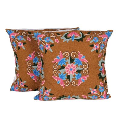 Alternate image for Classic Floral Brown and Pink Cotton Cushion Cover Pair Gentle Bouquet