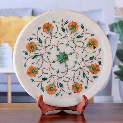 Alternate image for Orange and Green Floral Marble Inlay Decorative Plate Summer Fantasy